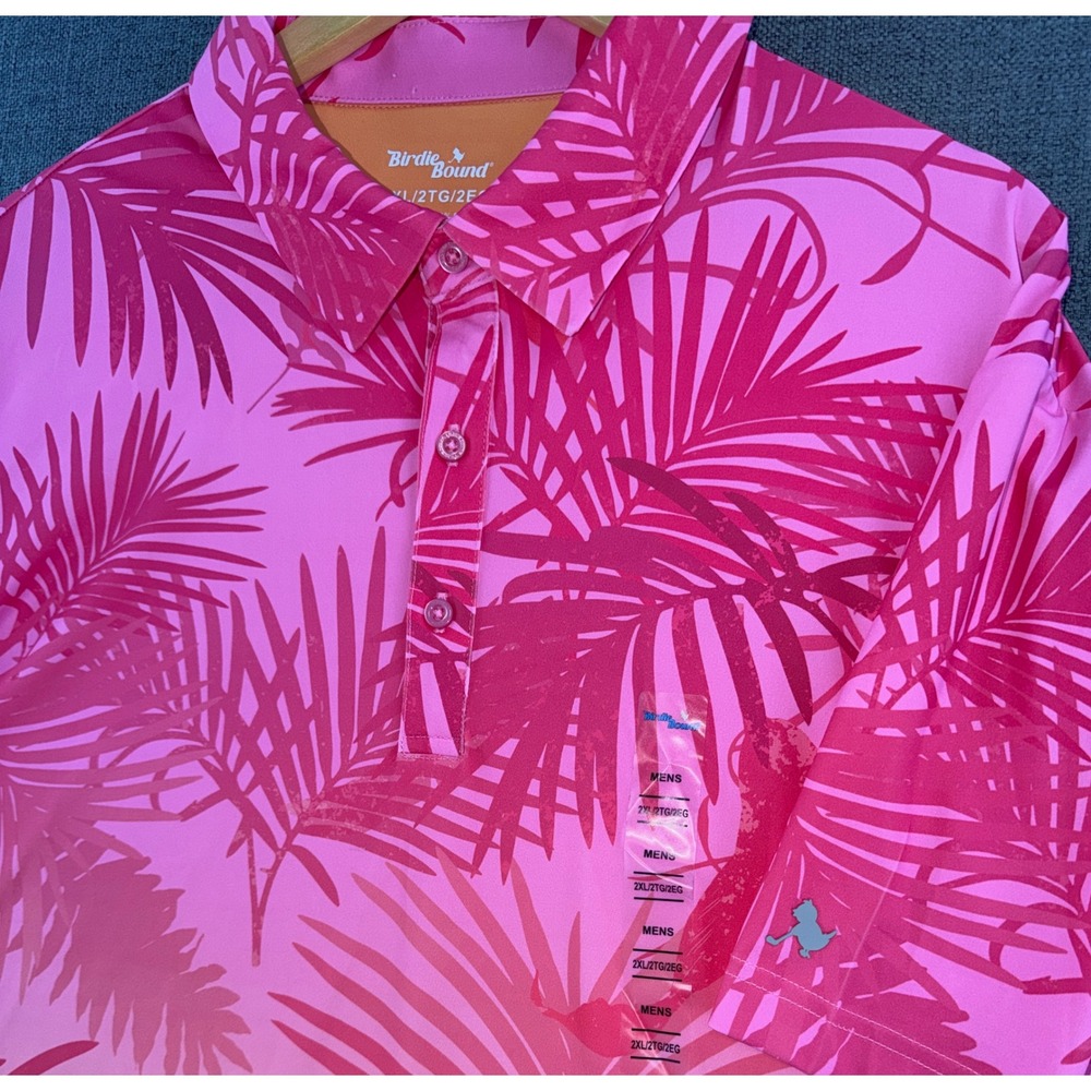 Birdie Bound Mens 2XL Pink Orange Ombre Palm Tree Tropical Golf Polo Shirt